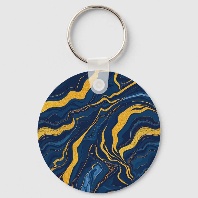 Navy Blue Gold Marble Abstract Luxury Topographic  Key Ring (Front)