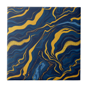 Navy Blue Gold Marble Abstract Luxury Topographic  Tile
