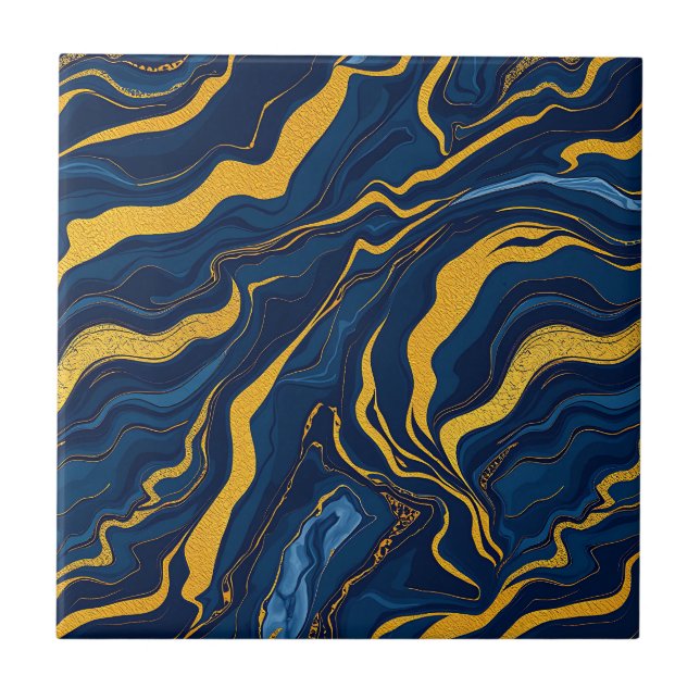 Navy Blue Gold Marble Abstract Luxury Topographic  Tile (Front)
