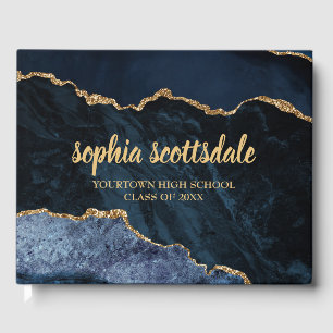 Navy Blue Gold Marble Agate Graduation Party Guest Book