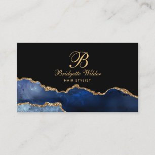 Navy Blue Gold Marble Agate Hair Stylist Business Card