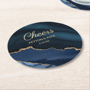 Navy Blue Gold Marble Agate Wedding Reception Round Paper Coaster