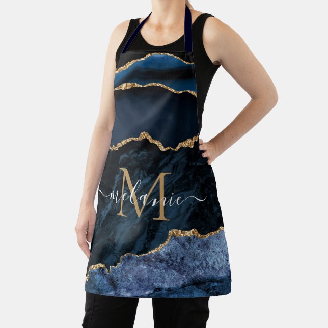 Navy Blue Gold Marble Apron Custom Letter and Name (Insitu)