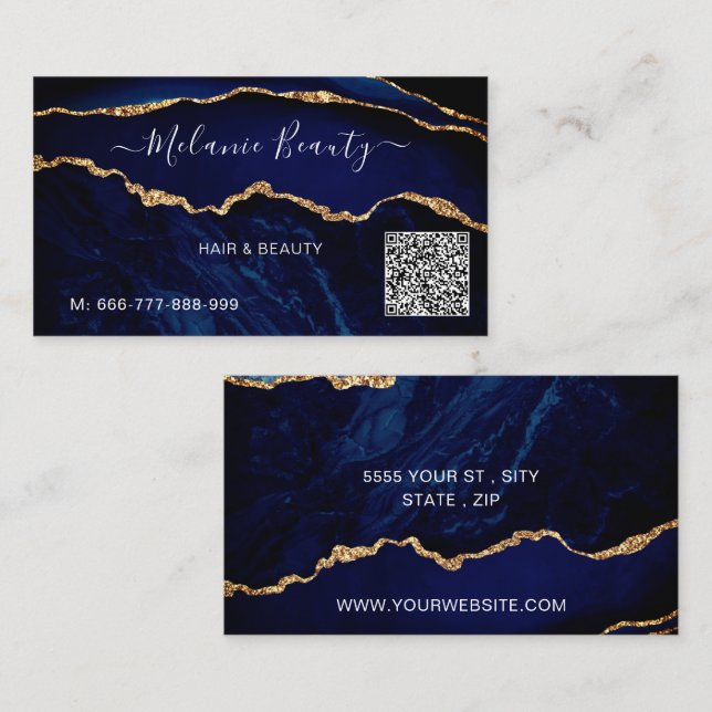 Navy Blue Gold Marble Business Card with QR Code (Front/Back)