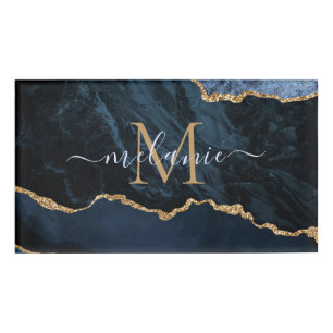 Navy Blue Gold Marble Custom Letter and Name Tag