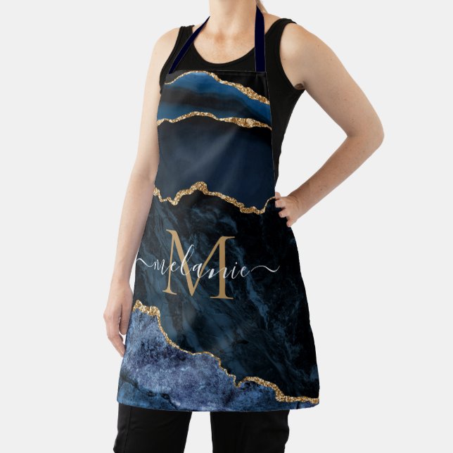 Navy Blue Gold Marble Custom Letter Name Apron (Insitu)