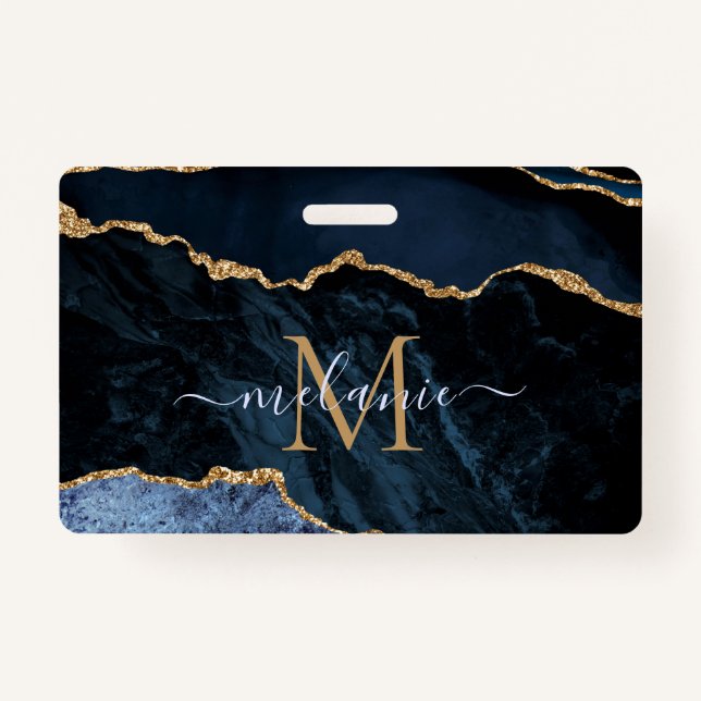 Navy Blue Gold Marble Custom Letter Name Badges ID Badge (Front)
