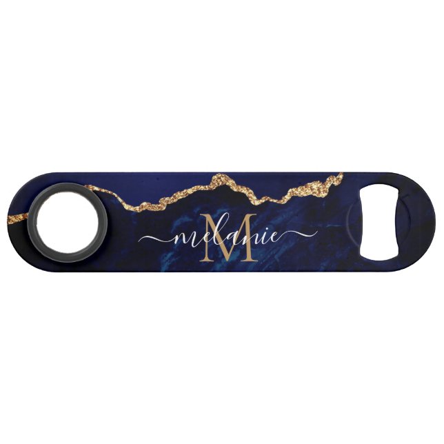 Navy Blue Gold Marble Custom Letter Name Bar Key (Front (Horizontal))
