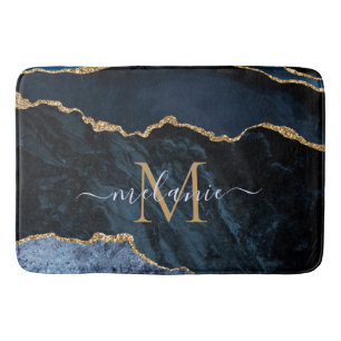 Navy Blue Gold Marble Custom Letter Name Bath Mat