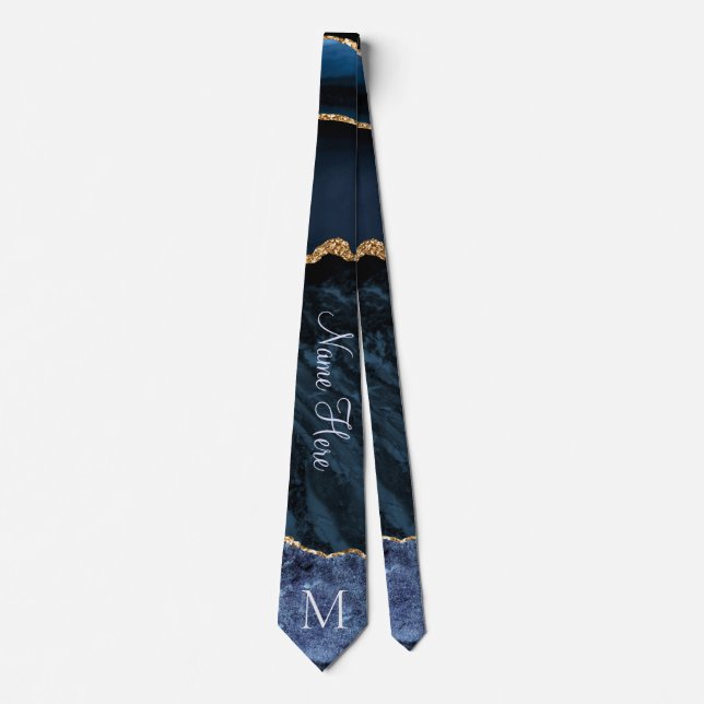 Navy Blue Gold Marble Custom Letter Name Neck Tie (Front)
