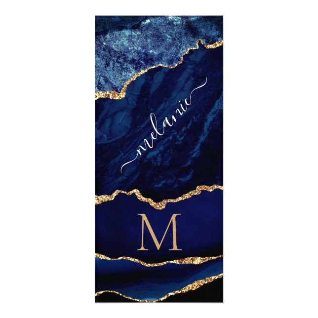 Navy Blue Gold Marble Custom Letter Name Rack Card (Front)