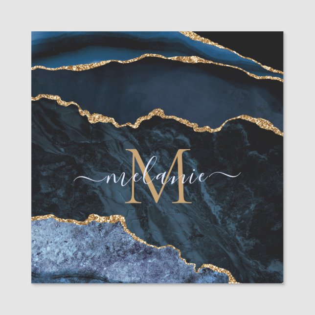 Navy Blue Gold Marble Custom Letter Name Tag (Front)