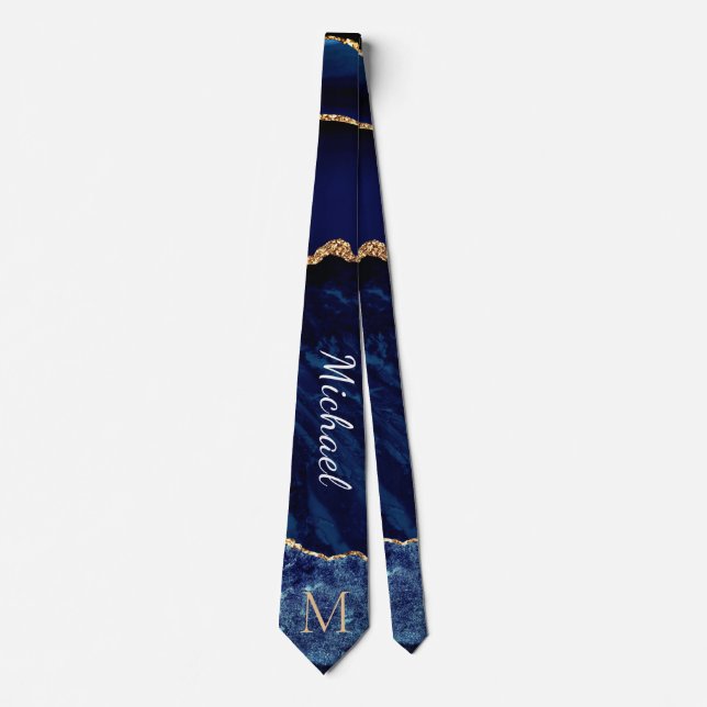 Navy Blue Gold Marble Custom Letter Your Name Tie (Front)