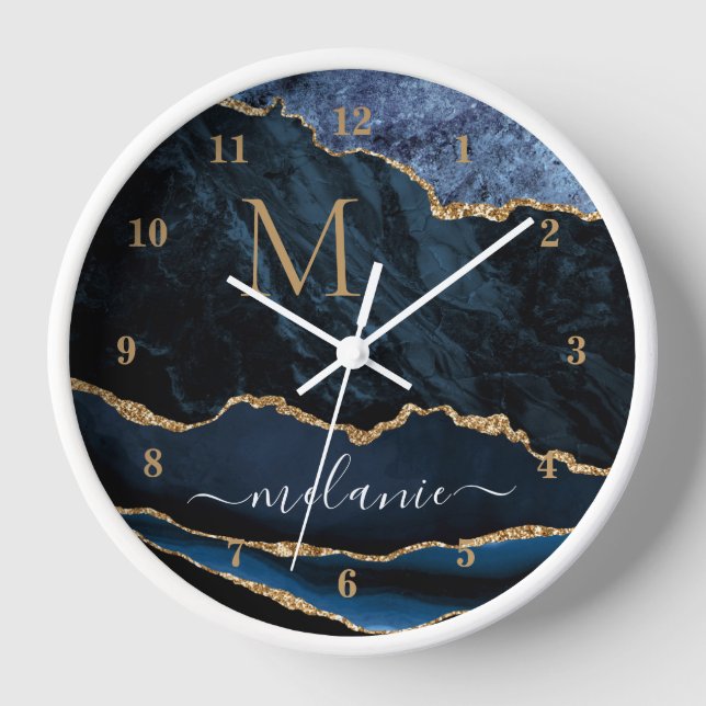 Navy Blue Gold Marble Custom Name and Letter Clock (Front)