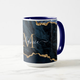 Navy Blue Gold Marble Custom Name Letter Mug