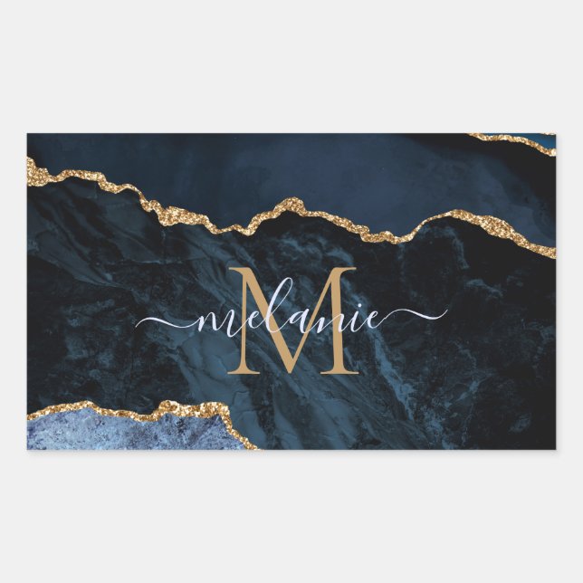 Navy Blue Gold Marble Custom Name Letter Sticker (Front)