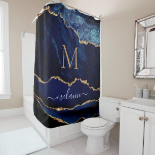 Navy Blue Gold Marble Custom Name Shower Curtain