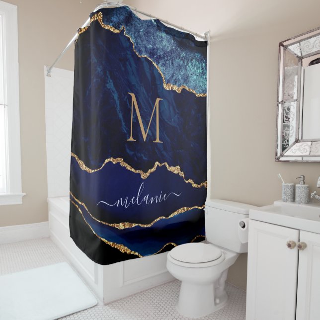 Navy Blue Gold Marble Custom Name Shower Curtain (In Situ)