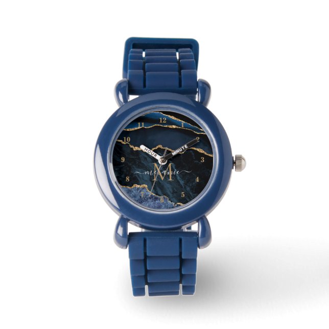 Navy Blue Gold Marble Custom Name Watch Gift (Front)