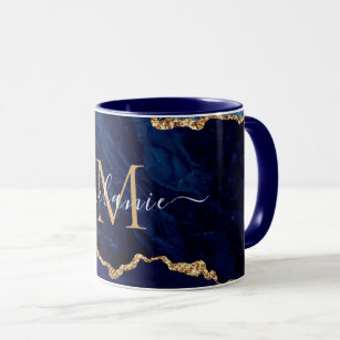 Navy Blue Gold Marble Custom Your Letter Name Mug