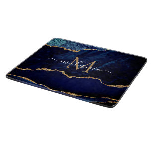 Navy Blue Gold Marble Cutting Board Monogarm Name