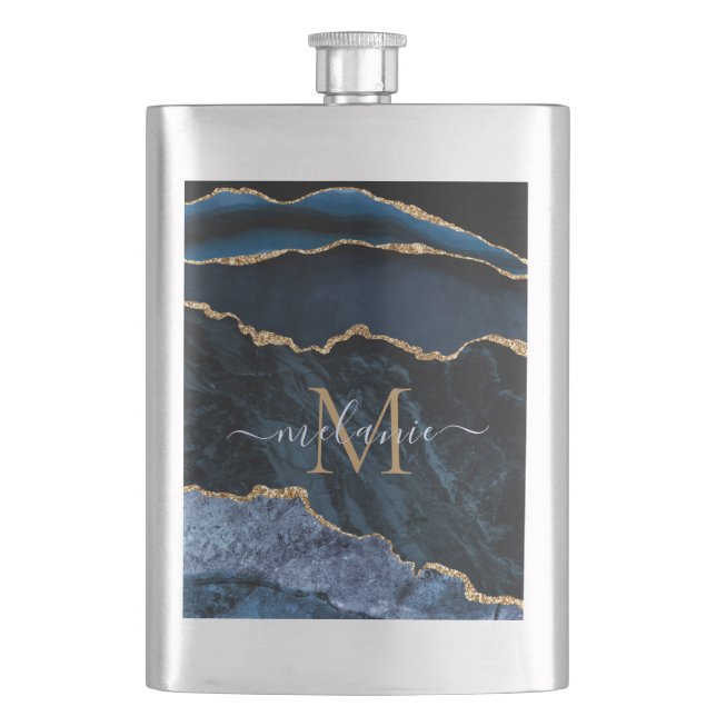 Navy Blue Gold Marble Flask Personalised (Front)