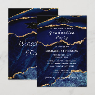 Navy Blue Gold Marble Graduation Invitation