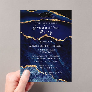 Navy Blue Gold Marble Graduation Invitation