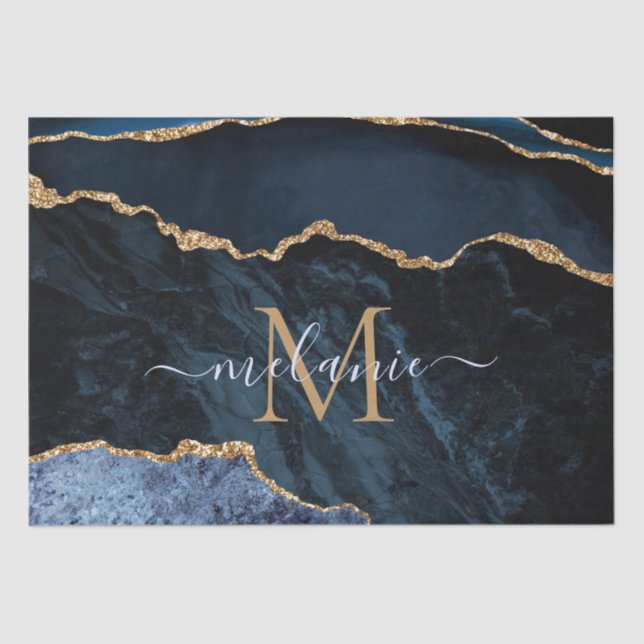 Navy Blue Gold Marble Letter Name Tissue Paper (Front)