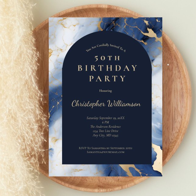 Navy Blue Gold Marble Modern Arch 50th Birthday Invitation (Navy Blue Gold marble 50th birthday Invitation for him.  )