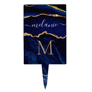 Navy Blue Gold Marble Monogram Name Cake Topper