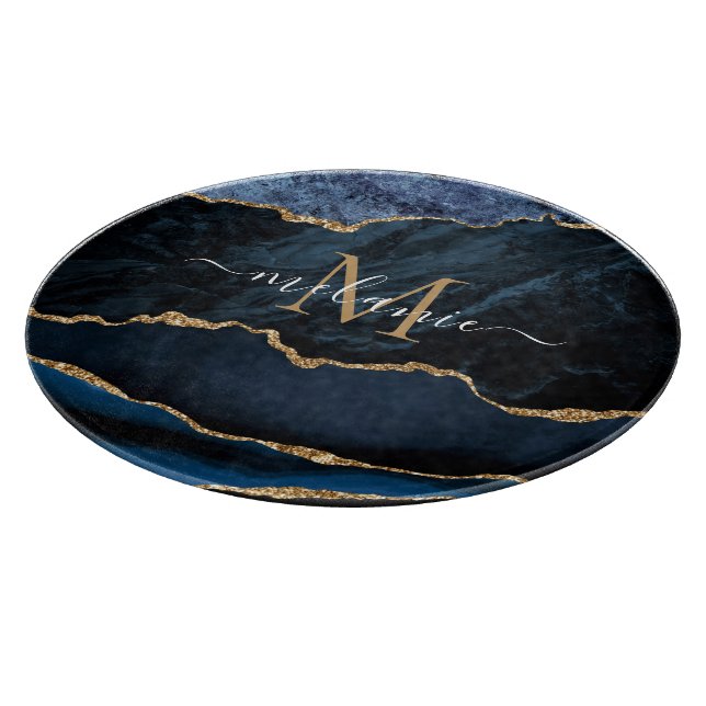 Navy Blue Gold Marble Monogram Name Cutting Board (Corner)