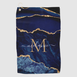Navy Blue Gold Marble Monogram Name Golf Towel
