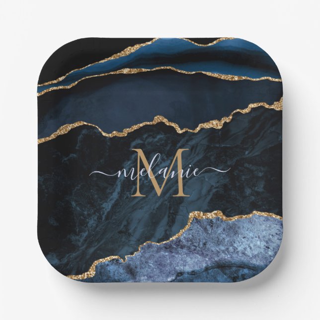 Navy Blue Gold Marble Monogram Name Paper Plates (Front)