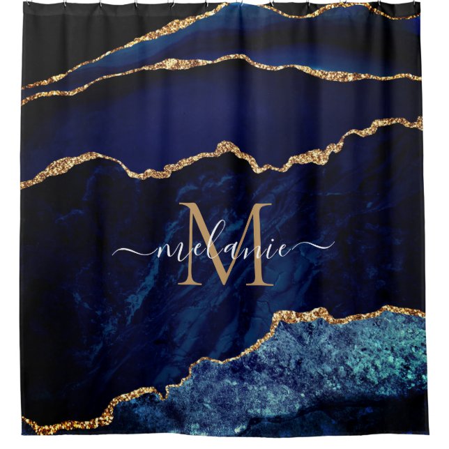 Navy Blue Gold Marble Monogram Name Shower Curtain (Front)