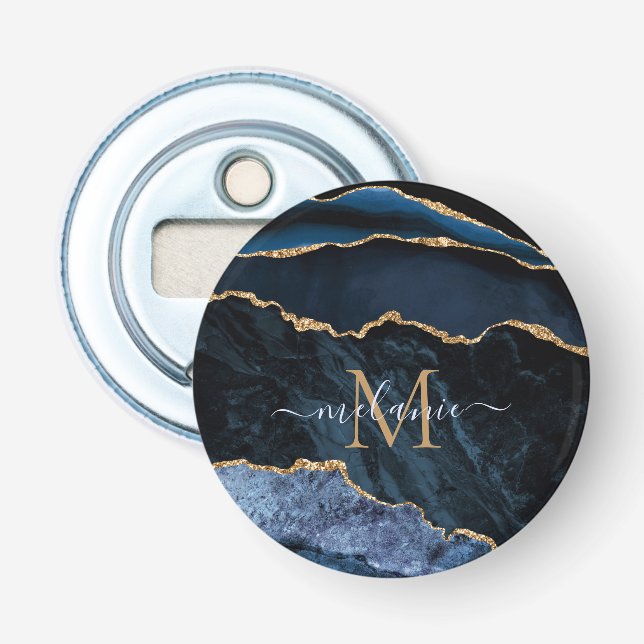 Navy Blue Gold Marble Name Letter Bottle Opener (Front)