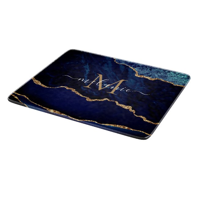 Navy Blue Gold Marble Name Letter Cutting Board (Corner)