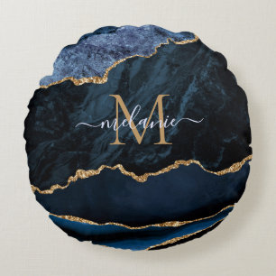 Navy Blue Gold Marble Personalised Round Pillow