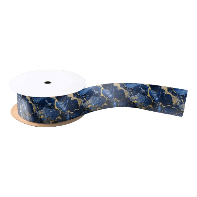 Navy Blue Gold Marble Satin Ribbon (Spool)