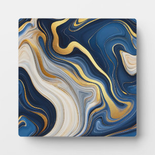 Navy Blue Gold Marble Swirls Plaque