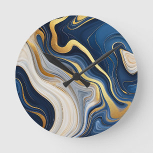 Navy Blue Gold Marble Swirls Round Clock