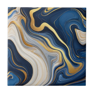 Navy Blue Gold Marble Swirls Tile