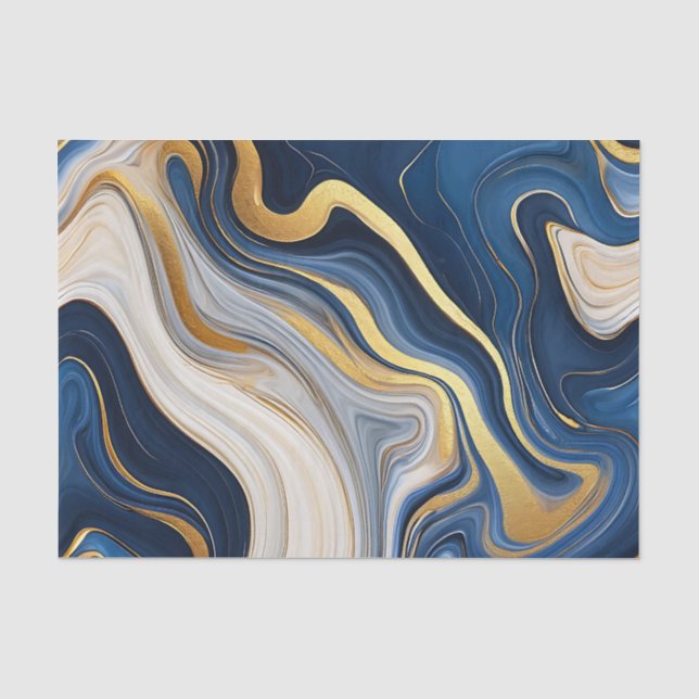 Navy Blue Gold Marble Swirls Tissue Paper (Front)