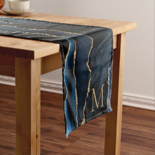 Navy Blue Gold Marble Table Runner Add Letter Name