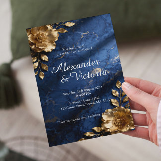 Navy Blue Gold Marble Wedding Invitation