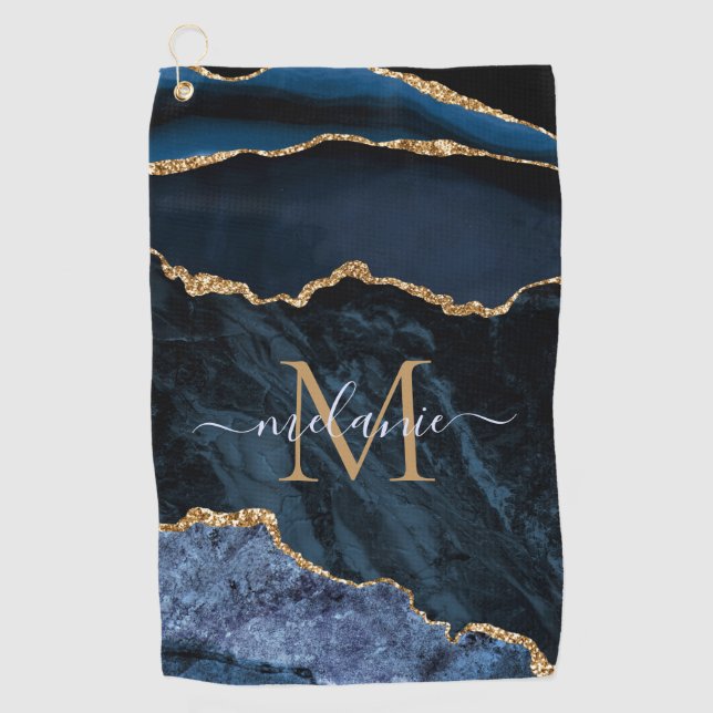 Navy Blue Gold Marble Your Letter Name Golf Towel (Front)
