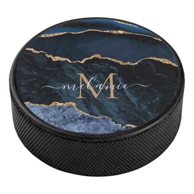 Navy Blue Gold Marble Your Letter Name Hockey Puck (3/4)