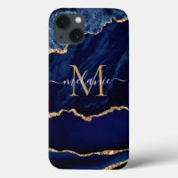 Navy Blue Gold Marble Your Letter Name iPhone Case