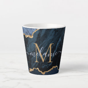 Navy Blue Gold Marble Your Letter Name Latte Mug