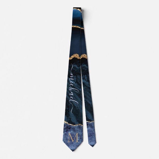 Navy Blue Gold Marble Your Letter Name Neck Tie (Front)